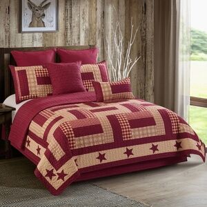 Farmhouse Burgundy Star Country Printed Queen Quilt Set Primitive Cottagecore